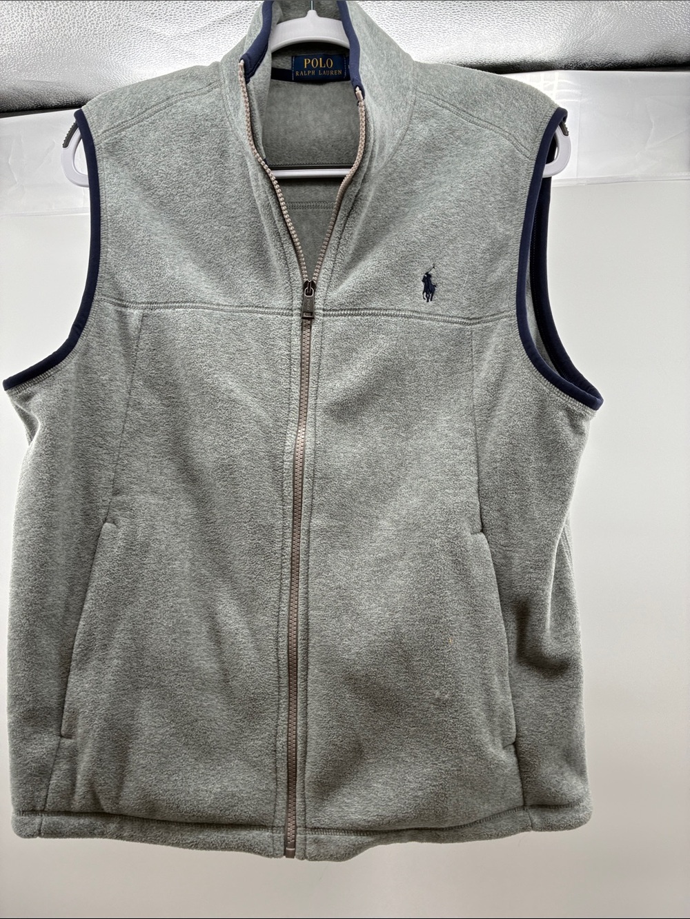 Polo by Ralph Lauren Light Gray Full-Zip Fleece Vest with Navy Trim